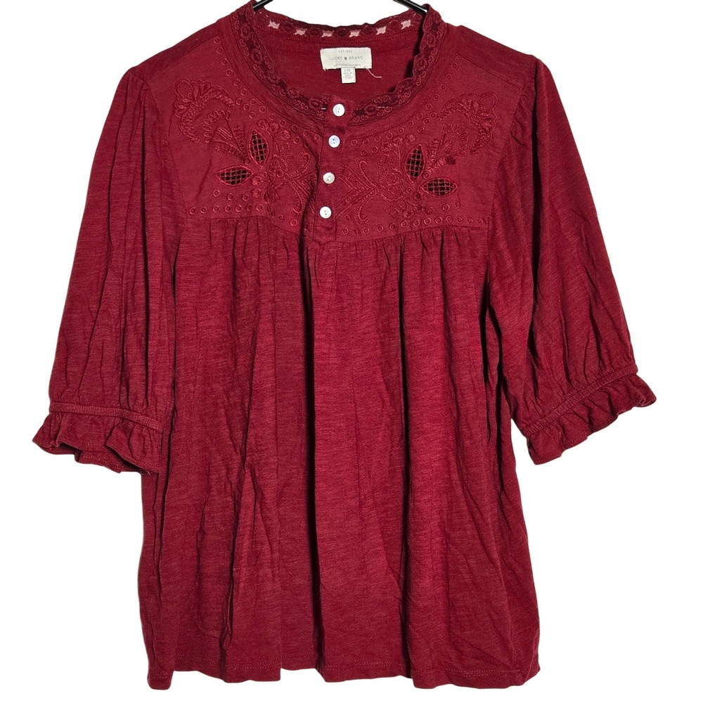 Lucky Brand Embroidered Lace Peasant Henley Top Large Boho Cottage Romantic